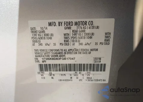 2015 Ford Explorer Xlt из США, поврежденный, VIN 1FM5K8D83FGB17047